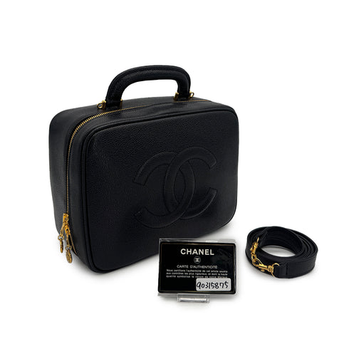 VINTAGE CHANEL BIG COCO VANITY HAND SHOULDER BAG BLACK CAVIAR SKIN GOLD HARDWARE 90315875
