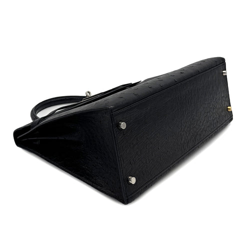 HERMES KELLY 35 SELLIER BLACK OSTRICH HAND SHOULDER BAG 1999 SQUARE C SILVER HARDWARE 90316160