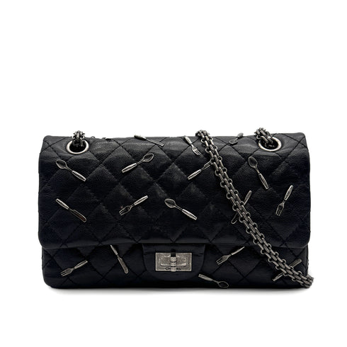 VINTAGE CHANEL 2.55 CHAIN SHOULDER BAG BLACK LEATHER CUTLERY CARM 90316165