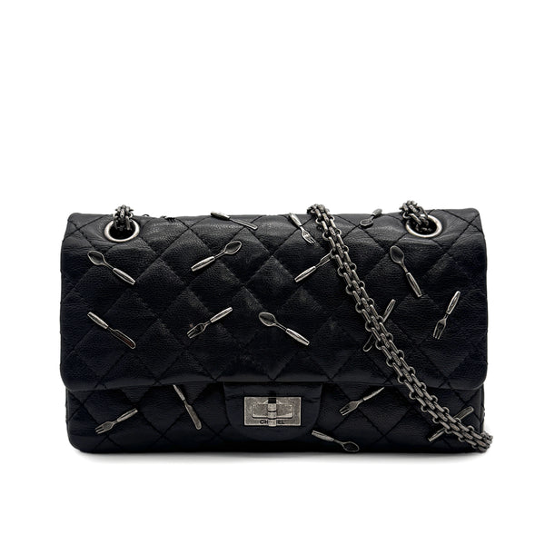 VINTAGE CHANEL 2.55 CHAIN SHOULDER BAG BLACK LEATHER CUTLERY CARM 90316165
