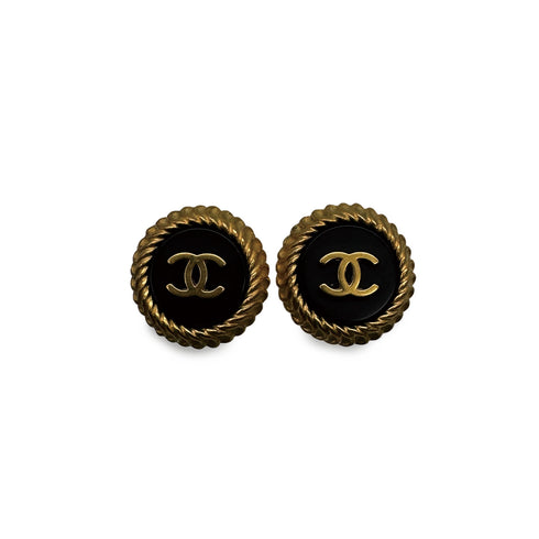 VINTAGE CHANEL EARRINGS COCOMARK ROUND ACCESSORY BLACK NAVY 95C 90317014