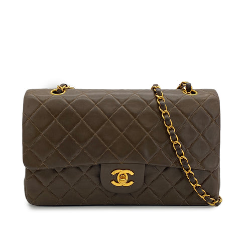 VINTAGE CHANEL CLASSIC FLAP MEDIUM CHAIN SHOULDER BAG KHAKI LAMB SKIN GOLD HARDWARE 90317177