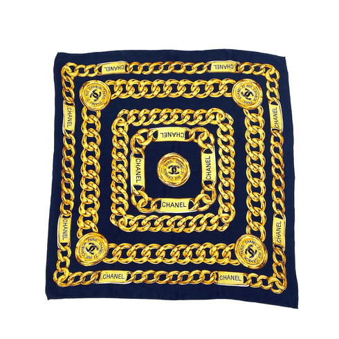 VINTAGE CHANEL SCARF COCOMARK CHAIN MOTIF NAVY SILK 90317621