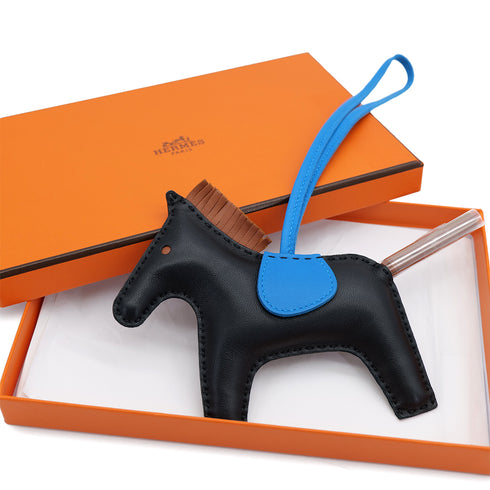 HERMES BAG CHARM RODEO MM BLACK GOLD BLEU ZANZIBAR AGNEAU MILO 2020 Y STAMP 90317783