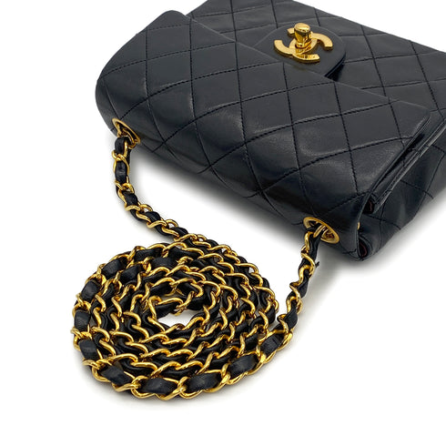 VINTAGE CHANEL MINI SQUARE 17 CHAIN SHOULDER BAG BLACK LAMB SKIN GOLD HARDWARE 90317863