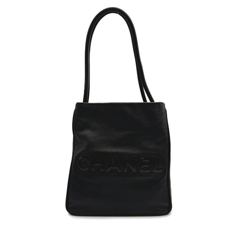 VINTAGE CHANEL CAMELLIA LOGO TOTE BAG BLACK LEATHER ENAMEL 90317870