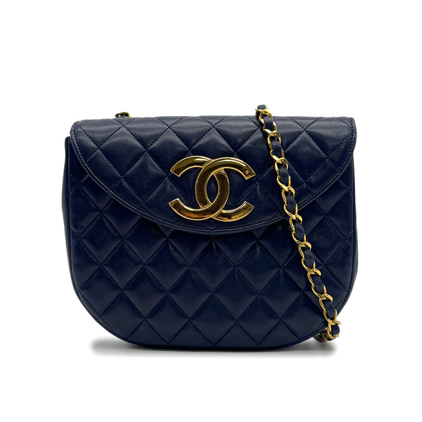 VINTAGE CHANEL MATELASSE BIG COCO CHAIN SHOULDER BAG NAVY LAMB SKIN GOLD HARDWARE 90317887