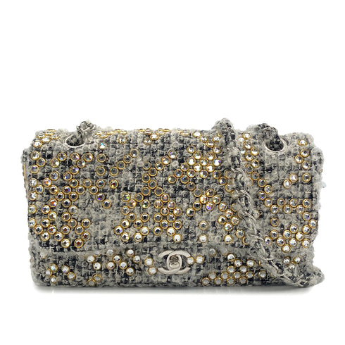 VINTAGE CHANEL MATELASSE CHAIN SHOULDER BAG GRAY RHINESTONE TWEED SILVER HARDWARE 90318186