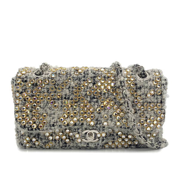 VINTAGE CHANEL MATELASSE CHAIN SHOULDER BAG GRAY RHINESTONE TWEED SILVER HARDWARE 90318186