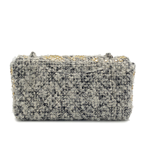 VINTAGE CHANEL MATELASSE CHAIN SHOULDER BAG GRAY RHINESTONE TWEED SILVER HARDWARE 90318186