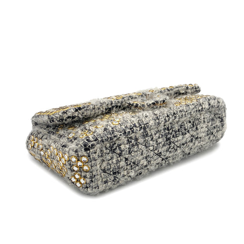 VINTAGE CHANEL MATELASSE CHAIN SHOULDER BAG GRAY RHINESTONE TWEED SILVER HARDWARE 90318186