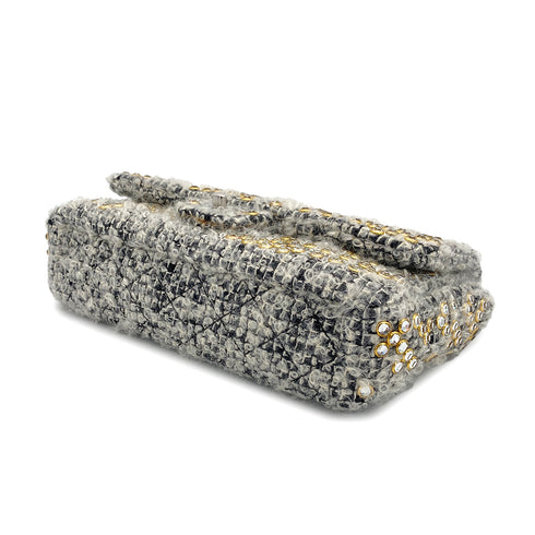 VINTAGE CHANEL MATELASSE CHAIN SHOULDER BAG GRAY RHINESTONE TWEED SILVER HARDWARE 90318186