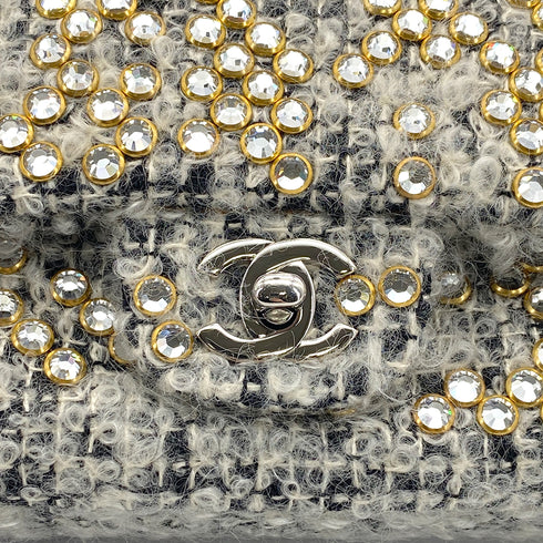 VINTAGE CHANEL MATELASSE CHAIN SHOULDER BAG GRAY RHINESTONE TWEED SILVER HARDWARE 90318186