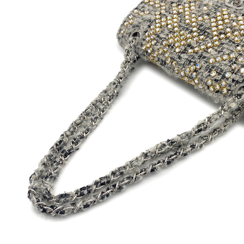 VINTAGE CHANEL MATELASSE CHAIN SHOULDER BAG GRAY RHINESTONE TWEED SILVER HARDWARE 90318186