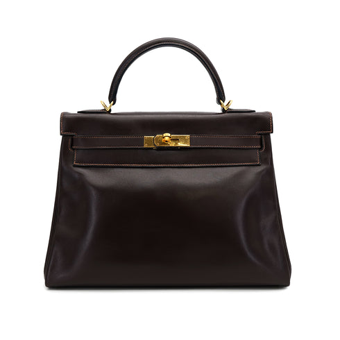 HERMES KELLY 32 RETOURNE CHOCOLAT BOXCALF HAND BAG 1975 CIRCLE E GOLD HARDWARE 90318611