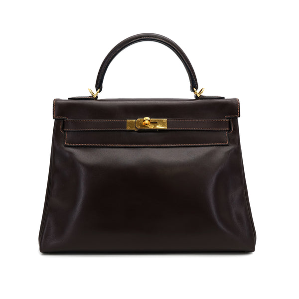 HERMES KELLY 32 RETOURNE CHOCOLAT BOXCALF HAND BAG 1975 CIRCLE E GOLD HARDWARE 90318611