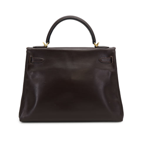 HERMES KELLY 32 RETOURNE CHOCOLAT BOXCALF HAND BAG 1975 CIRCLE E GOLD HARDWARE 90318611