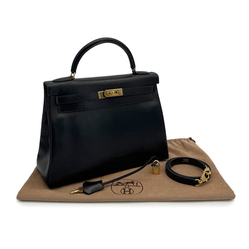 HERMES KELLY 32 RETORNE BLACK BOXCALF HAND SHOULDER BAG 1996 CIRCLE Z GOLD HARDWARE 90318617