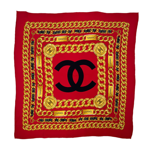 VINTAGE CHANEL SCARF COCOMARK CHAIN MOTIF RED SILK 90319724