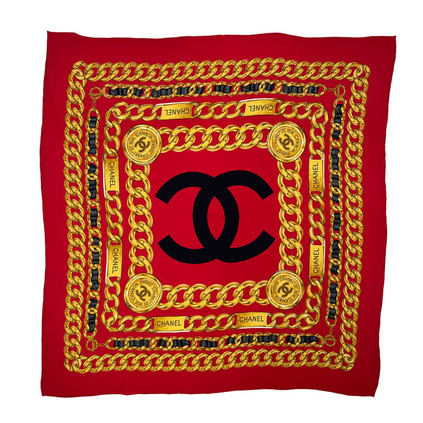 VINTAGE CHANEL SCARF COCOMARK CHAIN MOTIF RED SILK 90319724