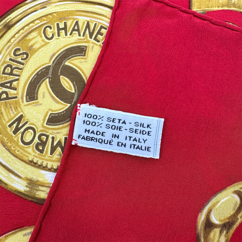 VINTAGE CHANEL SCARF COCOMARK CHAIN MOTIF RED SILK 90319724