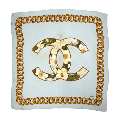 VINTAGE CHANEL SCARF CAMELLIA CHAIN MOTIF LIGHT BLUE SILK 90320192