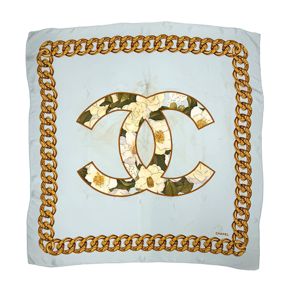 VINTAGE CHANEL SCARF CAMELLIA CHAIN MOTIF LIGHT BLUE SILK 90320192