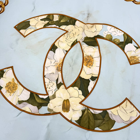 VINTAGE CHANEL SCARF CAMELLIA CHAIN MOTIF LIGHT BLUE SILK 90320192