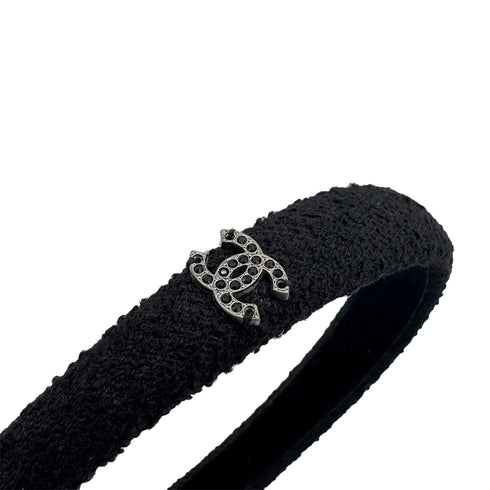CHANEL HEADBAND COCOMARK RHINESTONE BLACK TWEED HAIR ACCESSORY 90321123