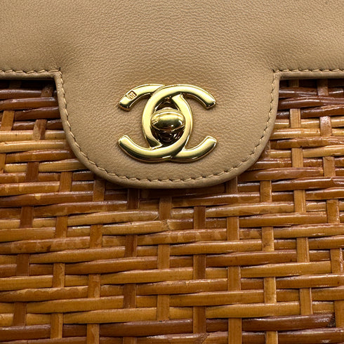 VINTAGE CHANEL COCOMARK TURN LOCK BASKET CHAIN SHOULDER BAG BEIGE RATTAN LAMB SKIN GOLD HARDWARE 90321145