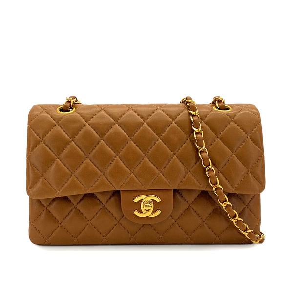 VINTAGE CHANEL CLASSIC FLAP MEDIUM CHAIN SHOULDER BAG BROWN LAMB SKIN GOLD HARDWARE 90324816