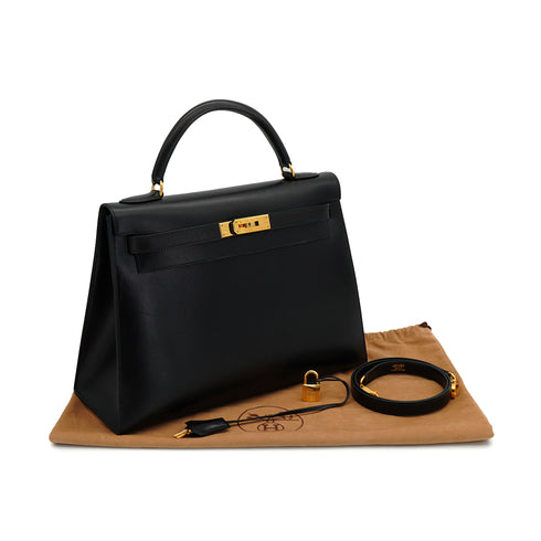 HERMES KELLY 32 SELLIER BLACK BOX CALF HAND SHOULDER BAG 1998 SQUARE B GOLD HARDWARE 90333892