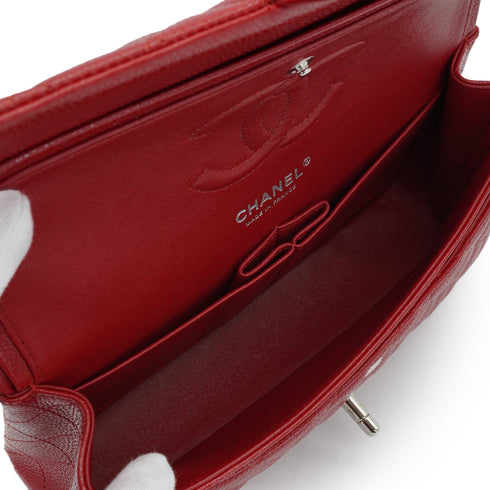 CHANEL CLASSIC FLAP MEDIUM CHAIN SHUOLDER BAG RED CAVIAR SKIN SILVER HARDWARE 90339659