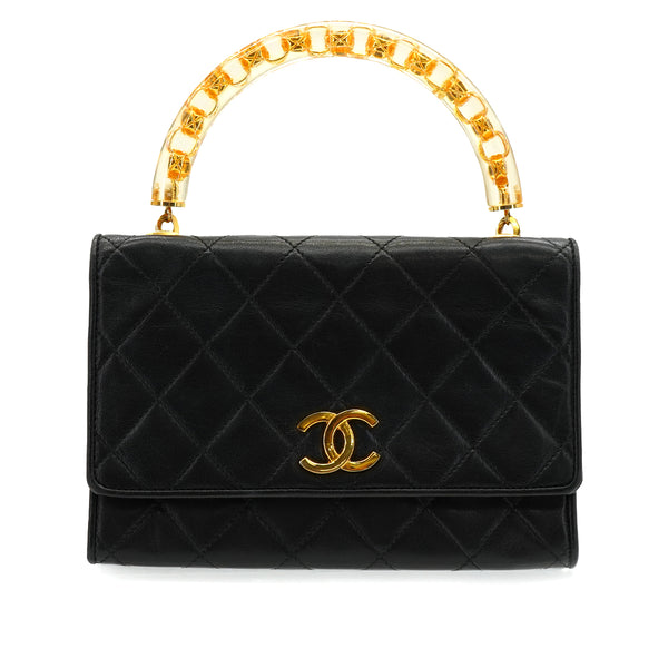 VINTAGE CHANEL MATELASSE HAND BAG BLACK LAMB SKIN GOLD HARDWARE 90340138