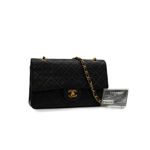 VINTAGE CHANEL CLASSIC FLAP MEDIUM CHAIN SHOULDER BAG BLACK LAMB SKIN GOLD HARDWARE 90340139