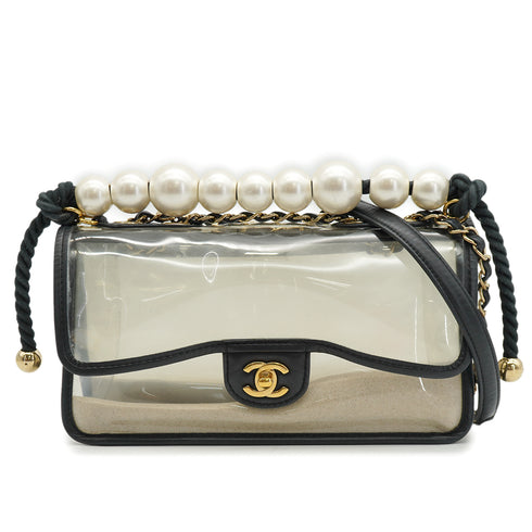 CHANEL SAND BY THE SEA FAUX PEARL HAND CHAIN SHOULDER BAG BALCK CLEAR VINYL SAND LAMB SKIN GOLD HARDWARE 90340473