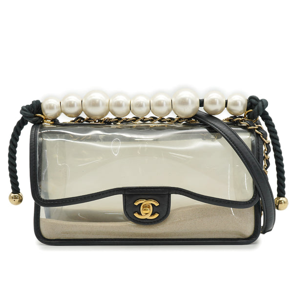 CHANEL SAND BY THE SEA FAUX PEARL HAND CHAIN SHOULDER BAG BALCK CLEAR VINYL SAND LAMB SKIN GOLD HARDWARE 90340473