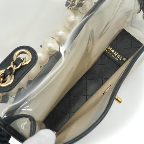 CHANEL SAND BY THE SEA FAUX PEARL HAND CHAIN SHOULDER BAG BALCK CLEAR VINYL SAND LAMB SKIN GOLD HARDWARE 90340473