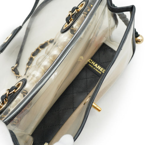 CHANEL SAND BY THE SEA FAUX PEARL HAND CHAIN SHOULDER BAG BALCK CLEAR VINYL SAND LAMB SKIN GOLD HARDWARE 90340473