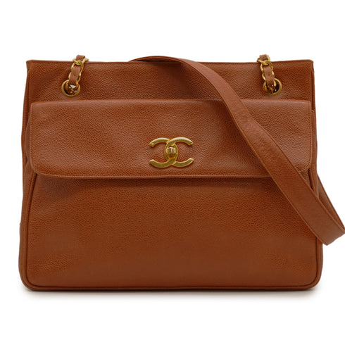 VINTAGE CHANEL BIG COCO TURN LOCK CHAIN TOTE SHOULDER BAG BROWN CAVIAR SKIN GOLD HARDWARE 90340489