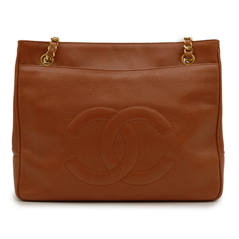 VINTAGE CHANEL BIG COCO TURN LOCK CHAIN TOTE SHOULDER BAG BROWN CAVIAR SKIN GOLD HARDWARE 90340489