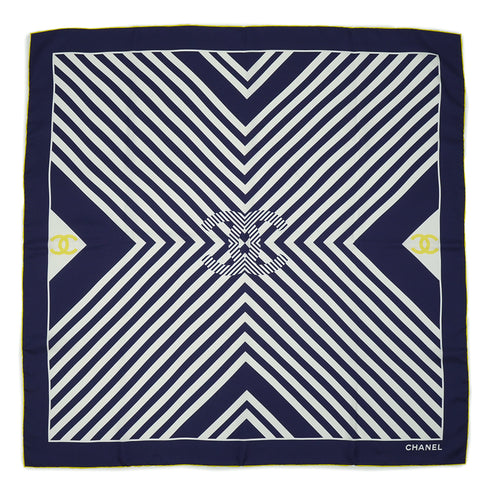 VINTAGE CHANEL SCARF COCOMARK STRIPE PATTERN NAVY WHIITE YELLOW SILK 90340540
