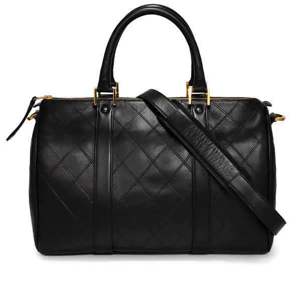 VINTAGE CHANEL BICOLORE BOSTON SHOULDER BAG BLACK LEATHER GOLD HARDWARE 90341451