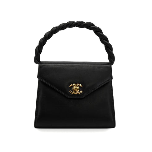 VINTAGE CHANEL TURN LOCK HAND BAG BLACK LAMB SKIN GOLD HARDWARE 90341852