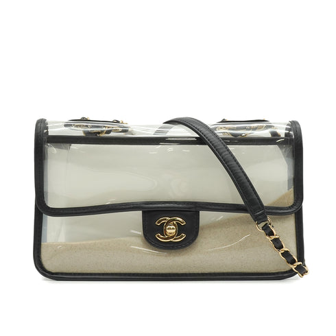 CHANEL SAND BY THE SEA CHAIN SHOULDER BAG BALCK CLEAR VINYL SAND LAMB SKIN GOLD HARDWARE 90341908