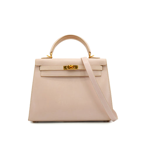HERMES KELLY 25 SELLIER BEIGE BOX CALF HAND SHOULDER BAG 2001 SQUARE E GOLD HARDWARE 90342407