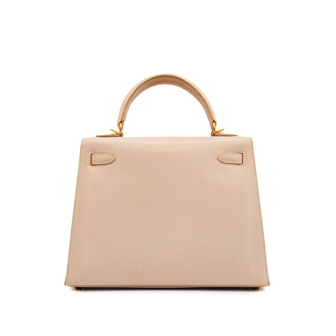 HERMES KELLY 25 SELLIER BEIGE BOX CALF HAND SHOULDER BAG 2001 SQUARE E GOLD HARDWARE 90342407
