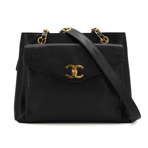 VINTAGE CHANEL CHAIN SHOULDER BAG BLACK CAVIAR SKIN GOLD HARDWARE 90342574