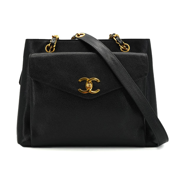 VINTAGE CHANEL CHAIN SHOULDER BAG BLACK CAVIAR SKIN GOLD HARDWARE 90342574