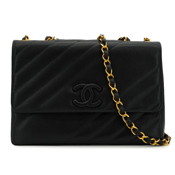 VINTAGE CHANEL BIAS STITCH CHAIN SHOULDER BAG BLACK CAVIAR SKIN GOLD HARDWARE 90342725